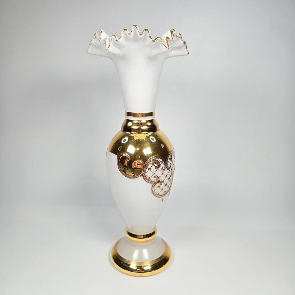Vintage Bohemian Czech Gold Gilt Raised Enamel Hand-painted Vase Urn Ruffled 10" - Picture 4 of 11